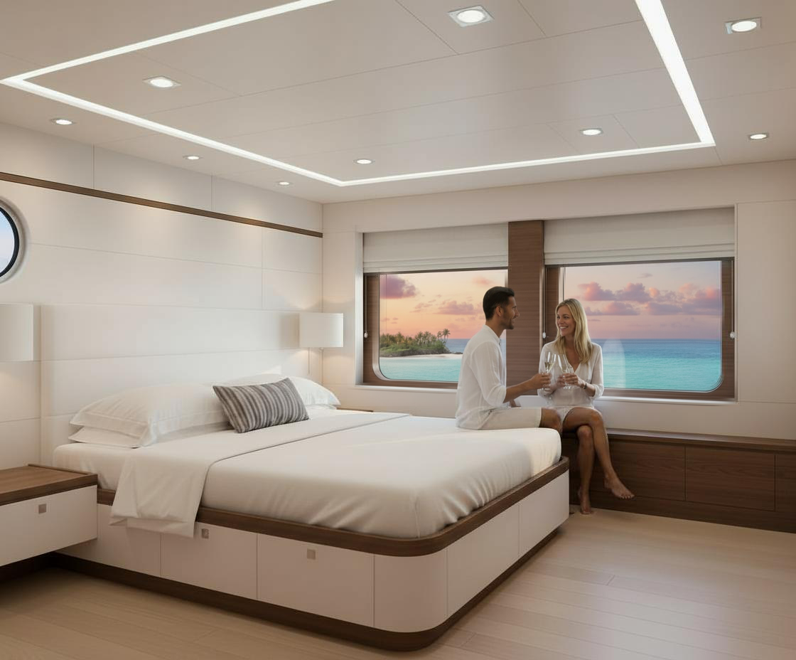 A stateroom with panoramic views