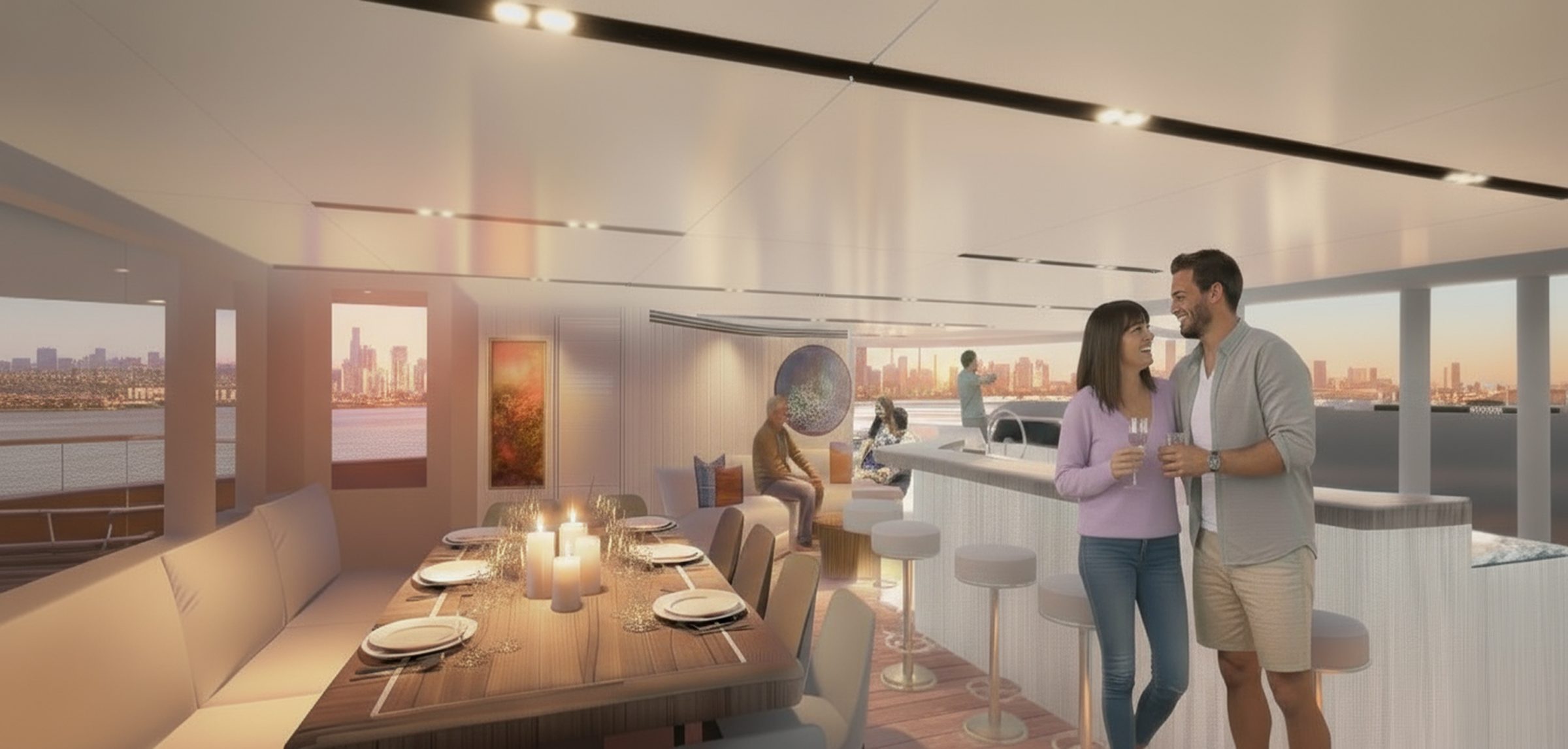 Main salon and dining before sunset