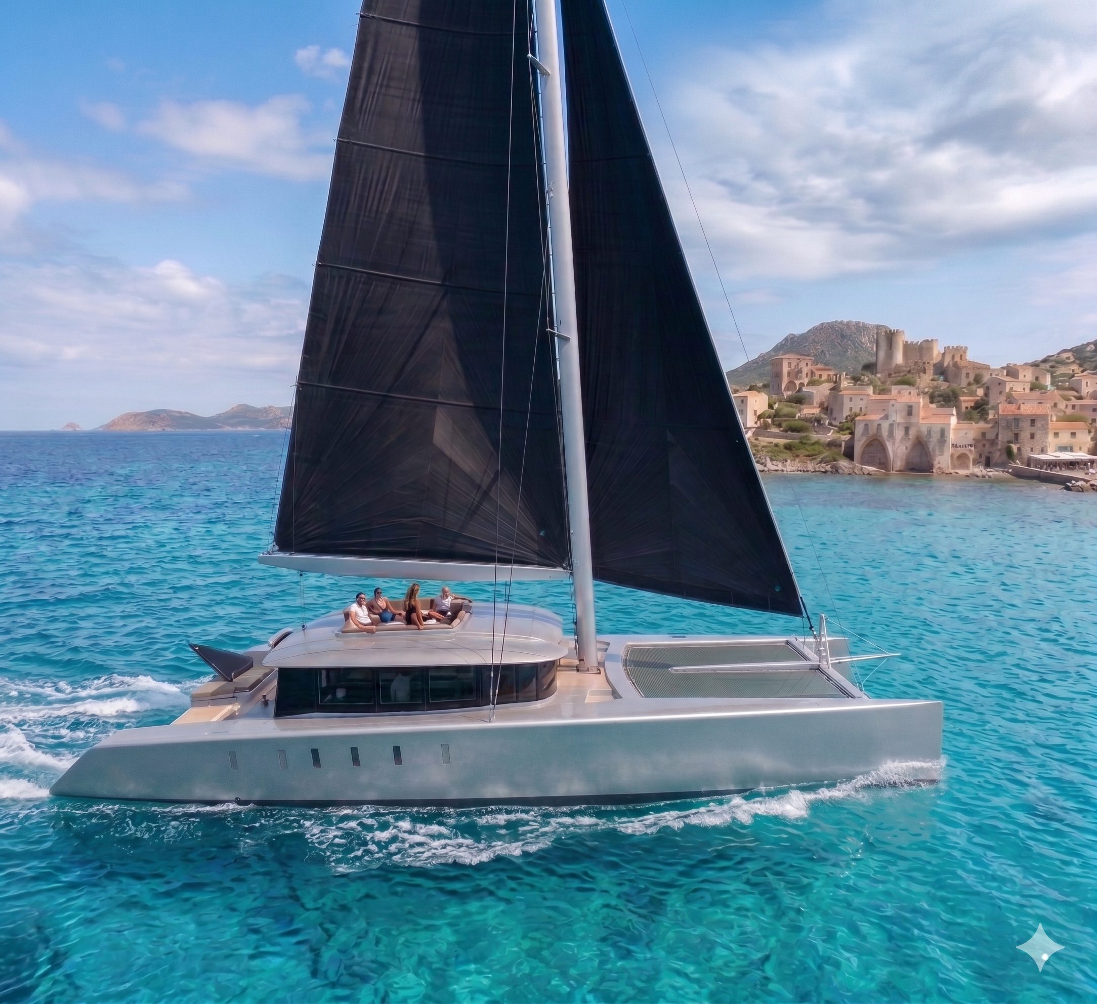 Team Adventure under sail at speed — guests at the helm